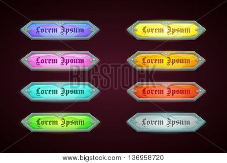 Colorful shiny horizontal game templates on dark background, vector game assets for epic GUI