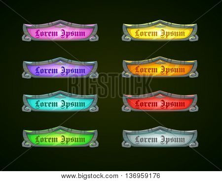 Colorful shiny horizontal game templates on dark background, vector game assets for epic GUI