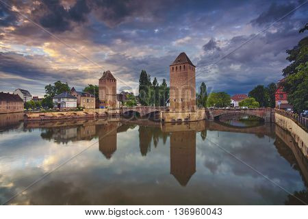Strasbourg. Image of Strasbourg old town during twilight blue hour.