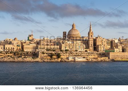 View from Tigne Point across the harbour to Valletta just before before sunset.