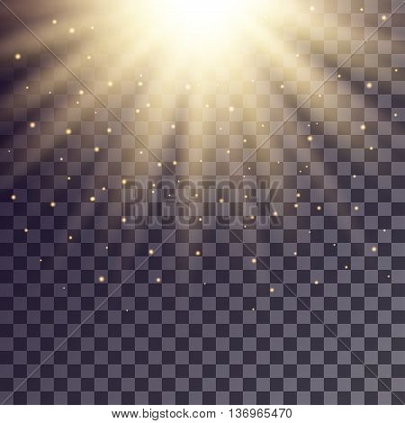 Golden rays from top with shiny particles on transparent background.