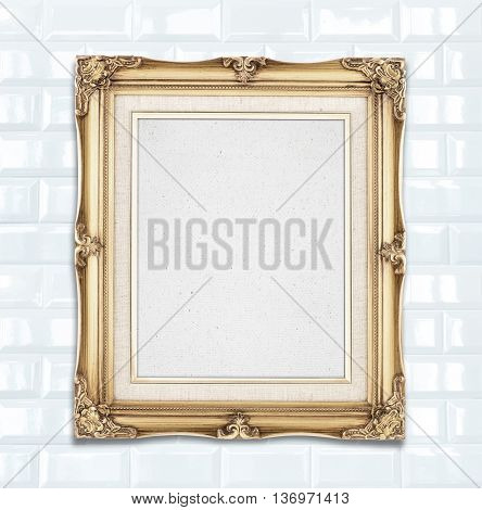 Blank Gold Color Vintage Photo Frame Hanging On White Ceramic Tile Wall,template For Adding Your Pho
