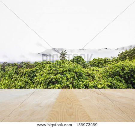 Wooden Table Top With Nountain In Fog Background