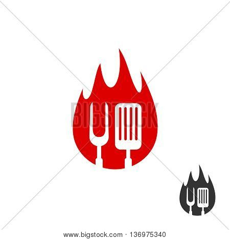 Bbq Icon Logo. Grill Fork And Spatula On A Fire Shape Background. Black And Red Color Versions.