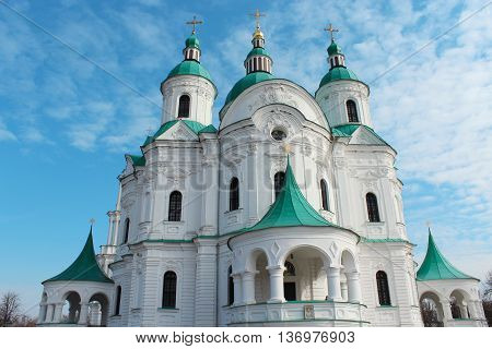 Beautiful Spaso-Preobrazhenska church on the background of blue sky in Kozelets town