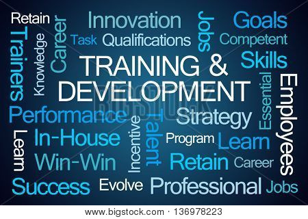 Training and Development Word Cloud on Blue Background