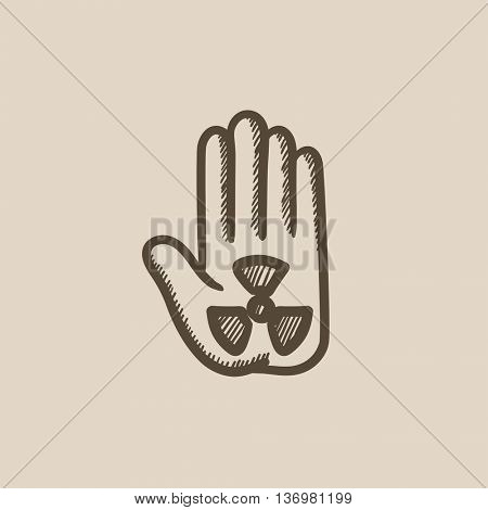Ionizing radiation sign on palm vector sketch icon isolated on background. Hand drawn Ionizing radiation sign on palm icon. Ionizing radiation sign on palm sketch icon for infographic, website or app.
