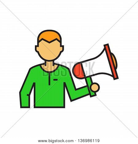 Man holding megaphone. Loudspeaker, speaker, leadership, communication. Leadership conccept. Can be used for topics like communication, leadership, politics