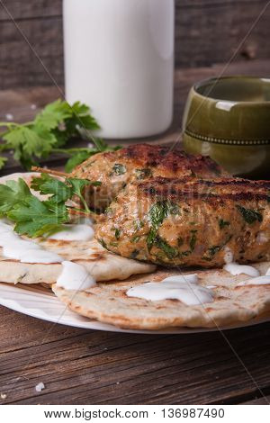 Kofta With Flatbread On Plate With Salad