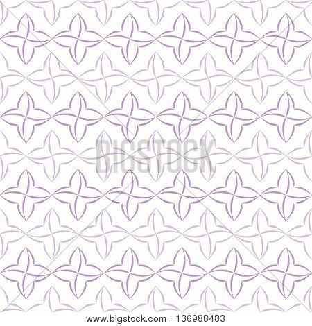 Pattern of violet stylized four-petal flowers set in horizontal stripes on white background. Seamless repeat.