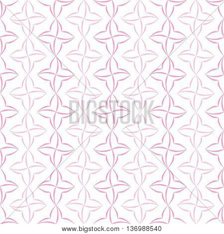 Pattern of pink stylized four-petal flowers set in verticall stripes on white background. Seamless repeat.