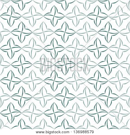 Pattern of stylized four-petal flowers set in stripes on white background. Seamless repeat.