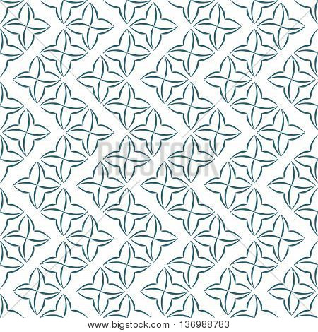 Pattern of stylized four-petal flowers set in vertical zigzags on white background. Seamless repeat.