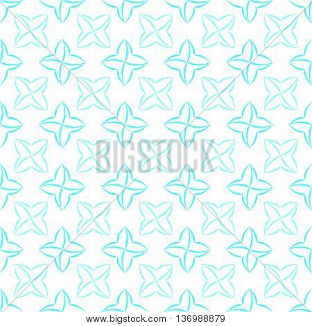Grid pattern of light blue stylized four-petal flowers on white background. Seamless repeat.