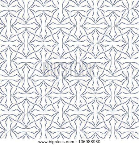 Trellis pattern of stylized four-petal flowers on white background. Seamless repeat.