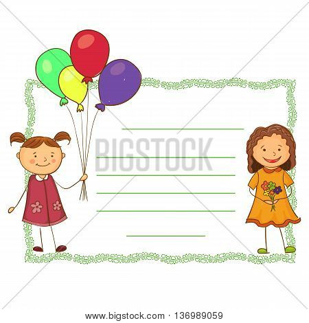 cute girls holding a balloon and flowers horisontal banner invitation, card, postcard.