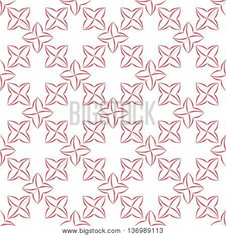 Trellis pattern of pink stylized four-petal flowers on white background. Seamless repeat.