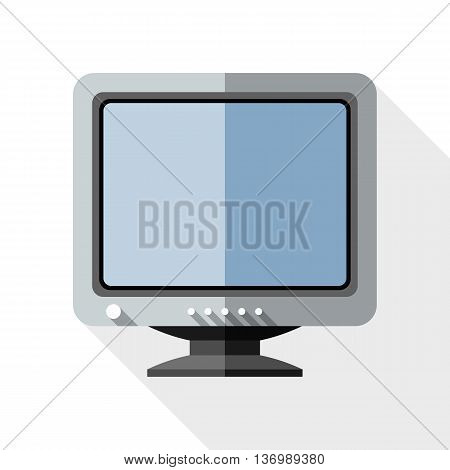 Vector Retro Computer Monitor Icon. Old Computer Monitor Simple Icon In Flat Style With Long Shadow