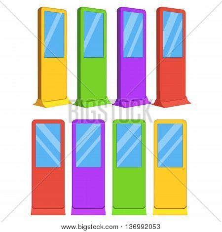 LCD TV Info Floor Stands in different colors. Blank Trade Show Booth Group. Vector illustration of kiosk machine isolated on white background. Ad template for your expo design