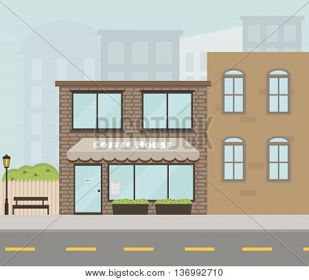 Vector facade of the house with coffee shop/cafe. Flat style. Vector illustration. EPS 10.