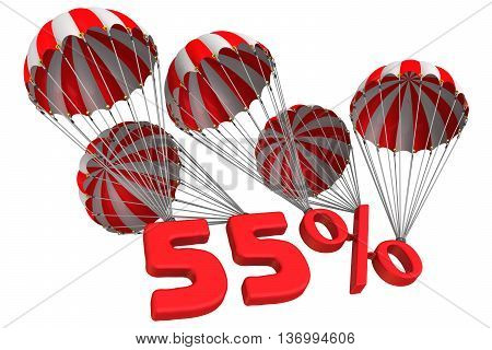 Fifty five percent is falling down on parachute. Isolated. 3D Illustration
