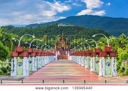 CHIANG MAI, THAILAND - OCTOBER 15, 2015: Walkway to the Pavilion of Royal Flora Ratchaphruek Park.