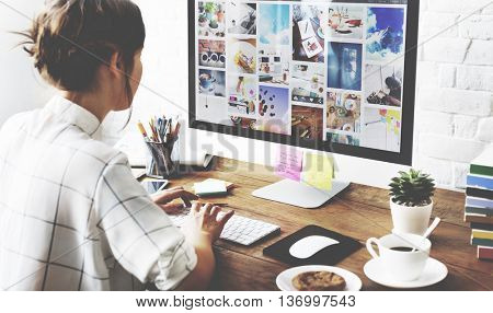 Woman Working Using Computer Upload Photo Concept