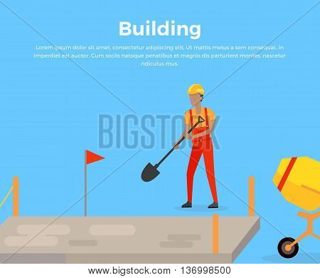 Building banner web design flat style. Working in a helmet with a shovel near a cement mixer. Construction and worker, mixer equipment for building, mix machinery working man, vector illustration