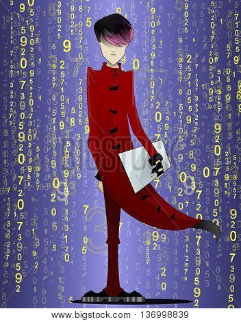 Programmer, coder, hacker, designer in long red coat and pink hair with laptop in hand on futuristic abstract background. Manga style. Vector illustration on white background