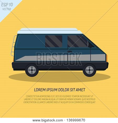 Cool passenger minivan van in flat style on yellow background, side view. Retro design. EPS 10. For travel. Vector illustration. Place for text.