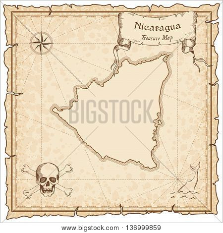 Nicaragua Old Pirate Map. Sepia Engraved Template Of Treasure Map. Stylized Pirate Map On Vintage Pa