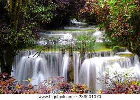 Huai Mae Khamin Waterfall Is A Major Attraction In Sri Nakarin Dam National Park. The Multi-tiered W