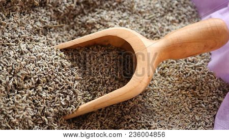 Wooden Serving Spoon With Dried Flowers Of Lavender