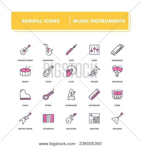 Line Icons Set. Musical Instrumental Pack. Vector Illustration For Musical Store And Shop.
