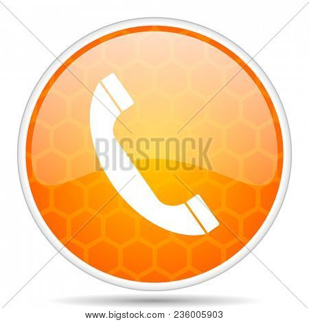Phone web icon. Round orange glossy internet button for webdesign.