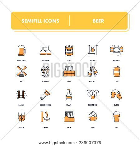 Line Icons Set. Beer Pack. Vector Illustration With Drink And Food Elements For Bar, Pub Or Restaura