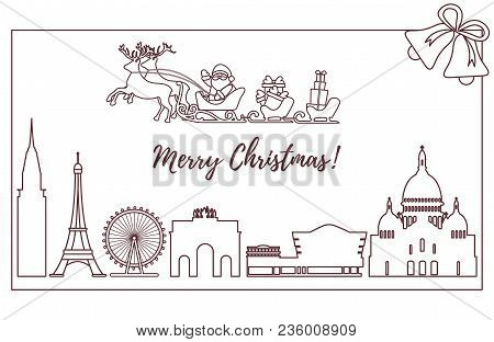 Santa Claus With Christmas Presents In Sleigh With Reindeers Over Famous Buildings And Constructions
