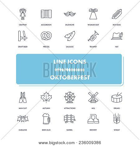 Line Icons Set. Octoberfest Pack. Vector Illustration With Festival Elements And Symbols Includes Be