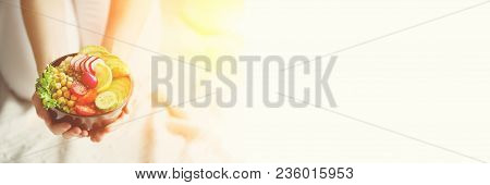 Girl In White Jeans Holds In Hands Fork, Vegan Breakfast Meal In Bowl With Avocado, Quinoa, Cucumber