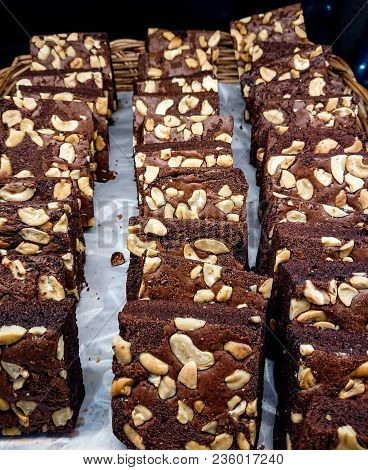 Chocolate Brownie Delicious. On The Cart In The Sweet Shop
