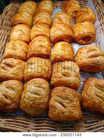Sausage Croissant Delicious. On A Cart In The Bakery Store.