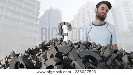 Broken concrete stone with money pound symbol and man in cityscape