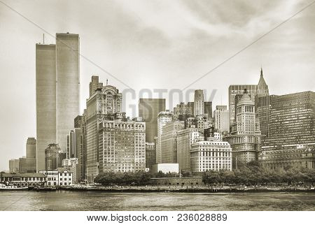New York City Skyline From Nj With World Trade Center Featured As Landmark Of Twin Towers, Destroyed