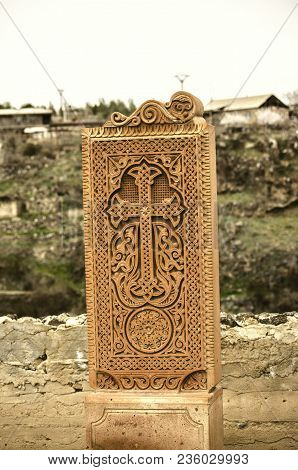 Ashtarak,armenia,19 Februar,2018:cross Carved In Stone, With Ethnic Patterns On The Territory Of The