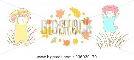 Hand Drawn Vector Illustration Of Cute Mushrooms Fly Amanita And Woolly Milk Cap In The Grass With W