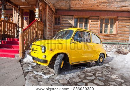 Moscow, Russia-march 23,2018: Zaz Retro Car Parked On Izmailovo Kremlin Museum Complex Reflected Old