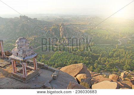 Sunrise In Hampi On Matanga Hill. View From Above, From The Sky, Aerophoto.  Indian Temple Hampi In 
