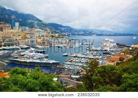 Monaco, Panoramic View Of Port De Fontvieille. French Riviera, Azur Coast. Bay With A Lot Of Luxury 