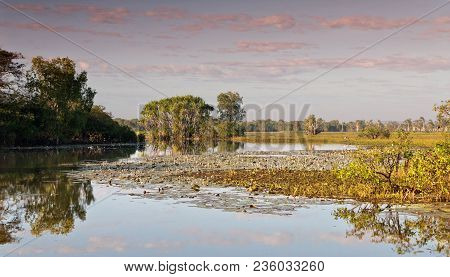 Pink Skies Reflected In The Kakadu Wetlands In Kakadu National Park, Northern Territories, Australia