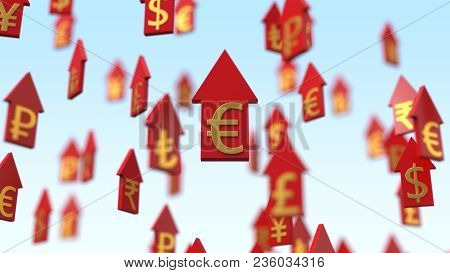 3d Illustration Rising Currency Arrows. Euro On Center